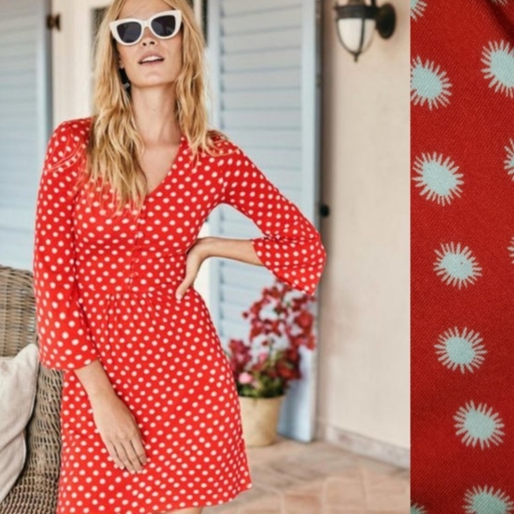 Boden Red pop star spot Scarlett Jersey dress Red White Sunburst 4 EUC